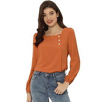 Women's Casual Button Decor Solid Square Neck Top White X SMALL