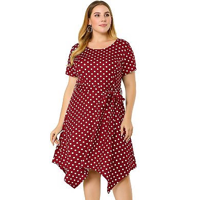 Women's Plus Size Spring Polka Dots Short Sleeve Tie Waist Flare Dress
