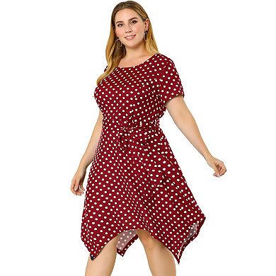Women's Plus Size Spring Polka Dots Short Sleeve Tie Waist Flare Dress