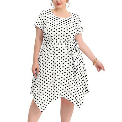 Women's Plus Size Spring Polka Dots Short Sleeve Tie Waist Flare Dress