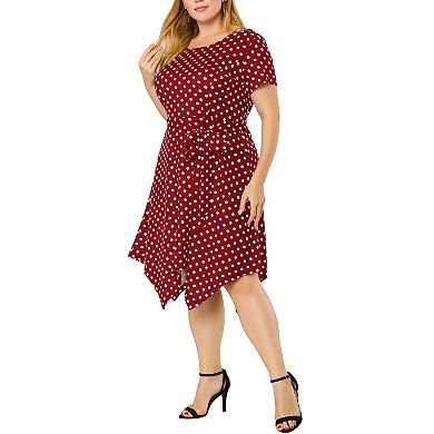 Women's Plus Size Spring Polka Dots Short Sleeve Tie Waist Flare Dress