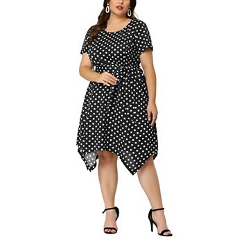 Women's Plus Size Spring Polka Dots Short Sleeve Tie Waist Flare Dress