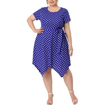 Women's Plus Size Spring Polka Dots Short Sleeve Tie Waist Flare Dress