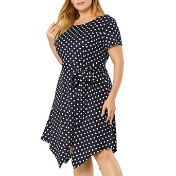 Women's Plus Size Spring Polka Dots Short Sleeve Tie Waist Flare Dress