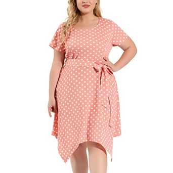Women's Plus Size Spring Polka Dots Short Sleeve Tie Waist Flare Dress