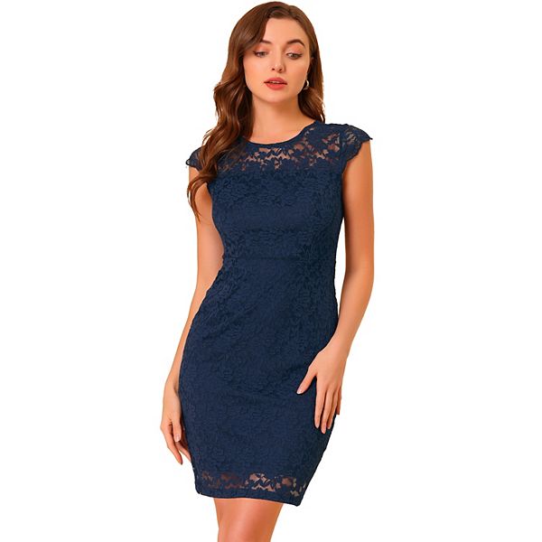 Women's Elegant Stretch Knit Cap Sleeve Allover Floral Lace Bodycon Dress