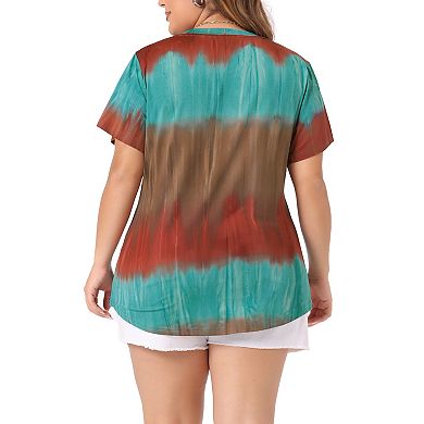 Women's Plus Size T-shirts Casual V Neck Short Sleeve Loose Tie Dye Summer Tunic Tops