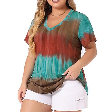 Women's Plus Size T-shirts Casual V Neck Short Sleeve Loose Tie Dye Summer Tunic Tops