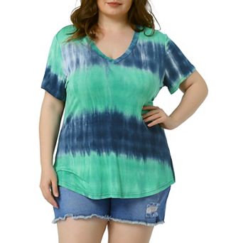 Women's Plus Size T-shirts Casual V Neck Short Sleeve Loose Tie Dye Summer Tunic Tops