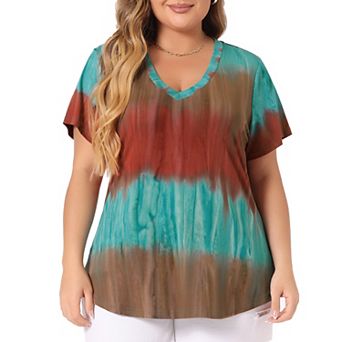 Women's Plus Size T-shirts Casual V Neck Short Sleeve Loose Tie Dye Summer Tunic Tops