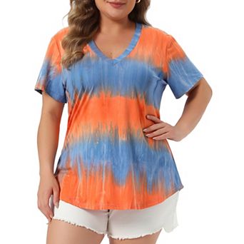 Women's Plus Size T-shirts Casual V Neck Short Sleeve Loose Tie Dye Summer Tunic Tops