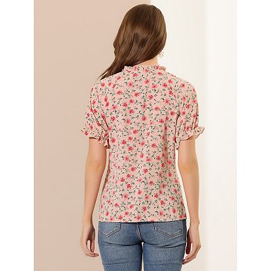 Women's Floral Ruffled Short Sleeve Ruffle Neck Casual Blouses