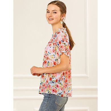 Women's Floral Ruffled Short Sleeve Ruffle Neck Casual Blouses