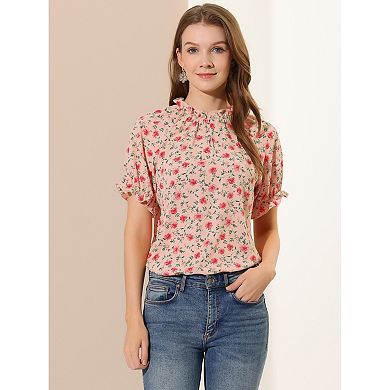Women's Floral Ruffled Short Sleeve Ruffle Neck Casual Blouses