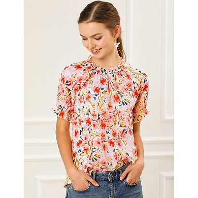 Women's Floral Ruffled Short Sleeve Ruffle Neck Casual Blouses
