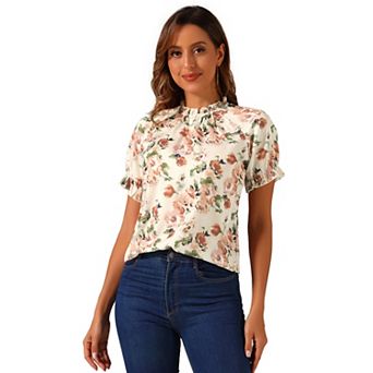 Women's Floral Ruffled Short Sleeve Ruffle Neck Casual Blouses