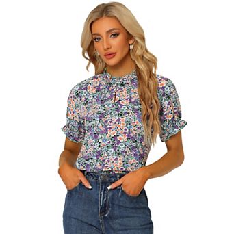 Women's Floral Ruffled Short Sleeve Ruffle Neck Casual Blouses