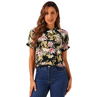 Women's Floral Ruffled Short Sleeve Ruffle Neck Casual Blouses