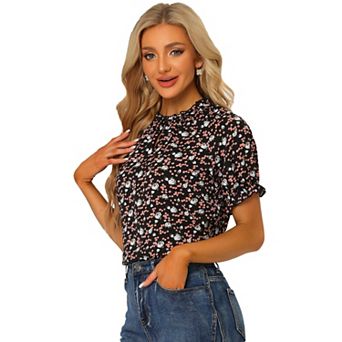 Women's Floral Ruffled Short Sleeve Ruffle Neck Casual Blouses