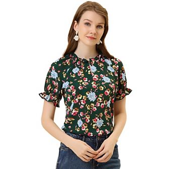 Women's Floral Ruffled Short Sleeve Ruffle Neck Casual Blouses