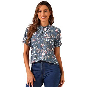 Women's Floral Ruffled Short Sleeve Ruffle Neck Casual Blouses