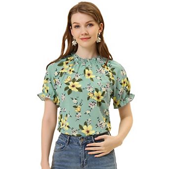 Women's Floral Ruffled Short Sleeve Ruffle Neck Casual Blouses