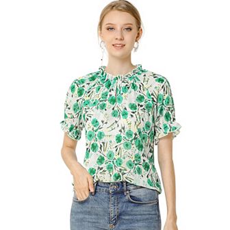 Women's Floral Ruffled Short Sleeve Ruffle Neck Casual Blouses