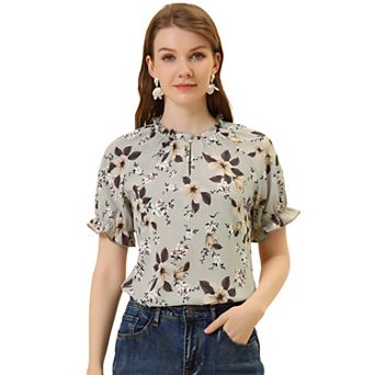 Women's Floral Ruffled Short Sleeve Ruffle Neck Casual Blouses