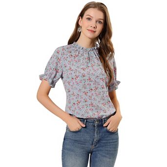 Women's Floral Ruffled Short Sleeve Ruffle Neck Casual Blouses