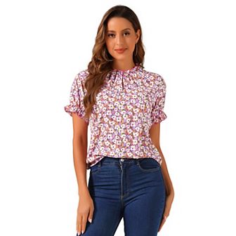 Women's Floral Ruffled Short Sleeve Ruffle Neck Casual Blouses