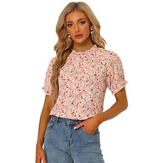 Women's Floral Ruffled Short Sleeve Ruffle Neck Casual Blouses