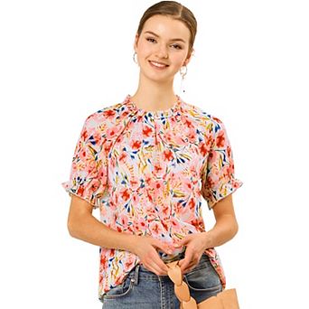 Women's Floral Ruffled Short Sleeve Ruffle Neck Casual Blouses
