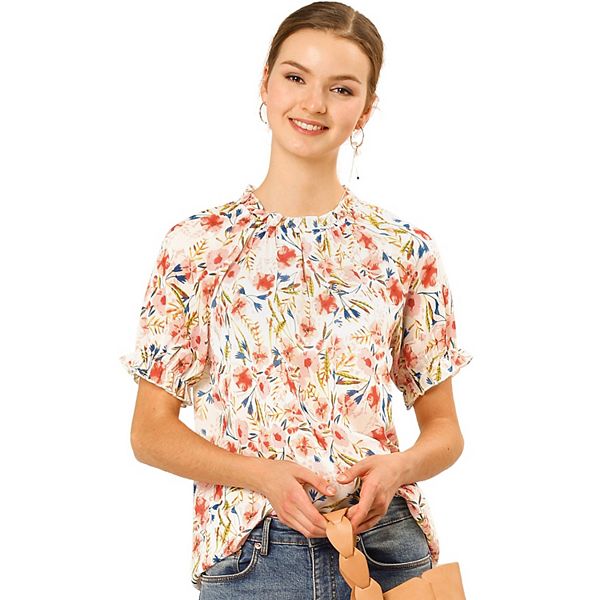 Women's Floral Ruffled Short Sleeve Ruffle Neck Casual Blouses