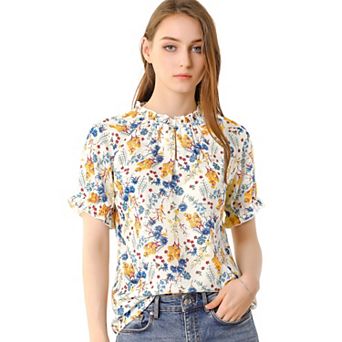 Women's Floral Ruffled Short Sleeve Ruffle Neck Casual Blouses
