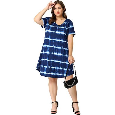 Women's Plus Size V Neck Short Sleeve Tie Dye Midi Tunic Shirtdress