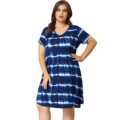 Women's Plus Size V Neck Short Sleeve Tie Dye Midi Tunic Shirtdress