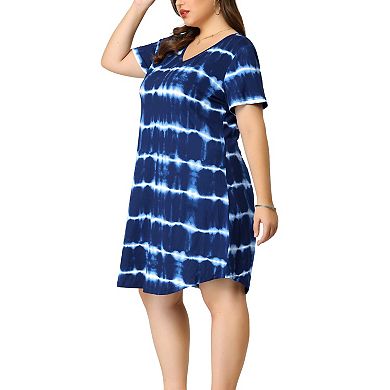 Women's Plus Size V Neck Short Sleeve Tie Dye Midi Tunic Shirtdress