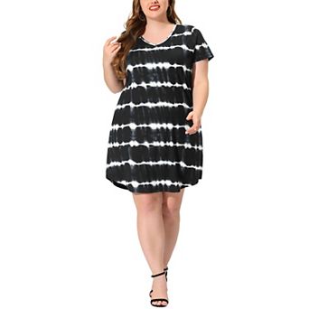Women's Plus Size V Neck Short Sleeve Tie Dye Midi Tunic Shirtdress