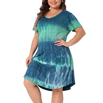 Women's Plus Size V Neck Short Sleeve Tie Dye Midi Tunic Shirtdress