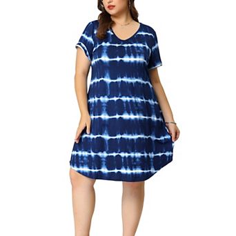 Women's Plus Size V Neck Short Sleeve Tie Dye Midi Tunic Shirtdress