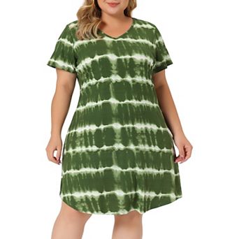 Women's Plus Size V Neck Short Sleeve Tie Dye Midi Tunic Shirtdress