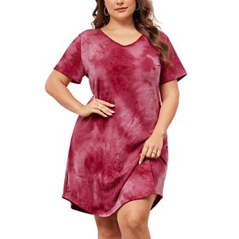 Women's Plus Size V Neck Short Sleeve Tie Dye Midi Tunic Shirtdress