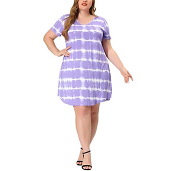 Women's Plus Size V Neck Short Sleeve Tie Dye Midi Tunic Shirtdress