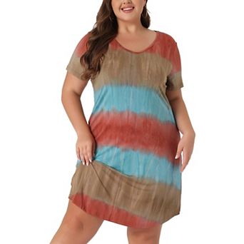 Women's Plus Size V Neck Short Sleeve Tie Dye Midi Tunic Shirtdress