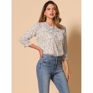 Women's Floral Tops Bow Tie Neck Vintage 3/4 Sleeve Blouse