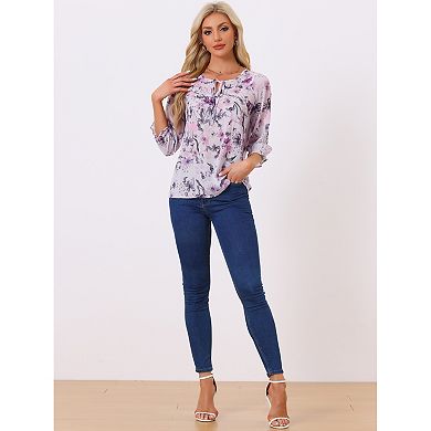 Women's Floral Tops Bow Tie Neck Vintage 3/4 Sleeve Blouse
