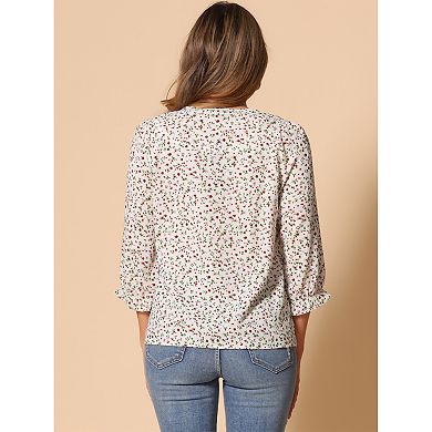 Women's Floral Tops Bow Tie Neck Vintage 3/4 Sleeve Blouse