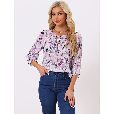 Women's Floral Tops Bow Tie Neck Vintage 3/4 Sleeve Blouse