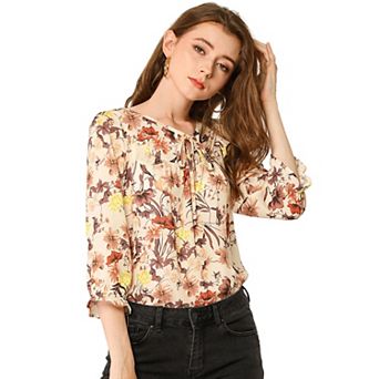 Women's Floral Tops Bow Tie Neck Vintage 3/4 Sleeve Blouse