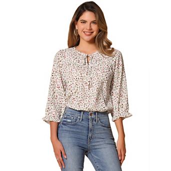 Women's Floral Tops Bow Tie Neck Vintage 3/4 Sleeve Blouse